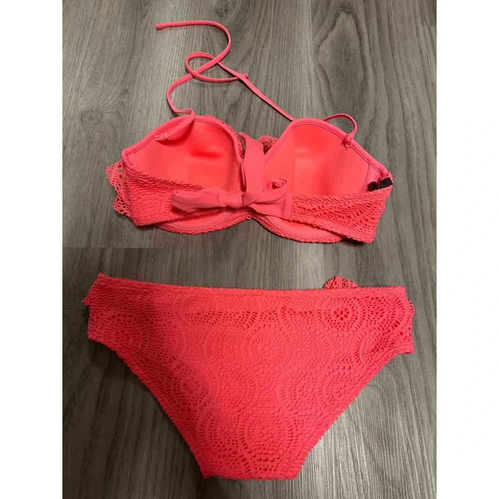 Aerie Womens Crochet Ruffle Bikini Set‎ 34D M Neon Pink Lace Underwire Swimsuit